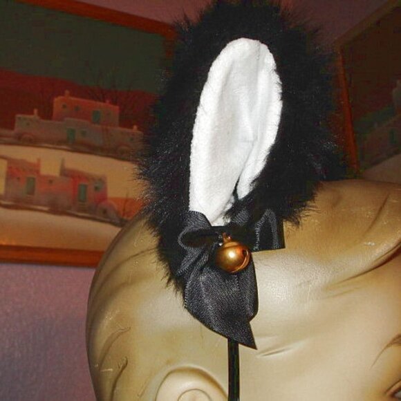 Black PLUSH Cat Ears HEADBAND Costume COSPLAY Goth KITTY Fur BELL Faux Fur - Picture 4 of 7